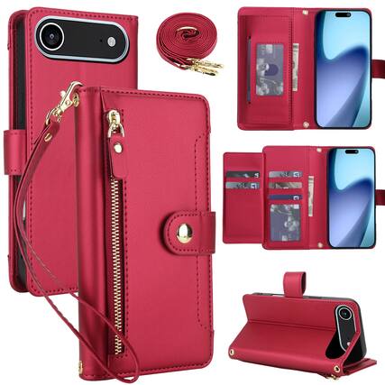 Front. Dteck - Crossbody Zipper Wallet Case for Apple iPhone Air,Faux Leather Magnetic Closure Flip Credit Card Holder Cover+Lanyard - Red.