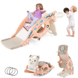 Gymax - 4-in-1 Kids Slide Rocking Toy Slide Rocking Horse w/Basketball Hoop Rings - Pink
