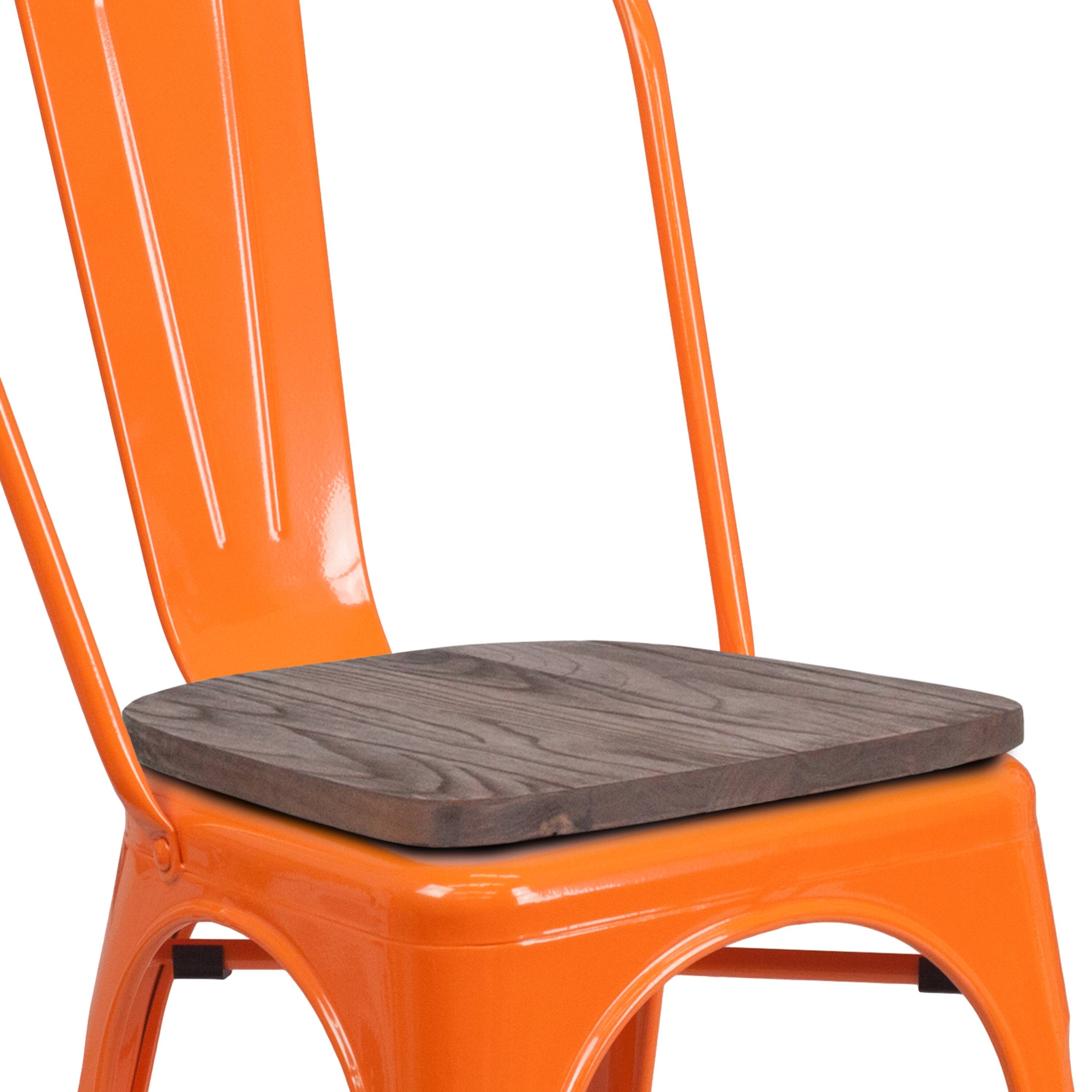 Alt View 8. Emma + Oliver - Colorful Metal Stackable Dining Chair with Wood Seat - Orange.