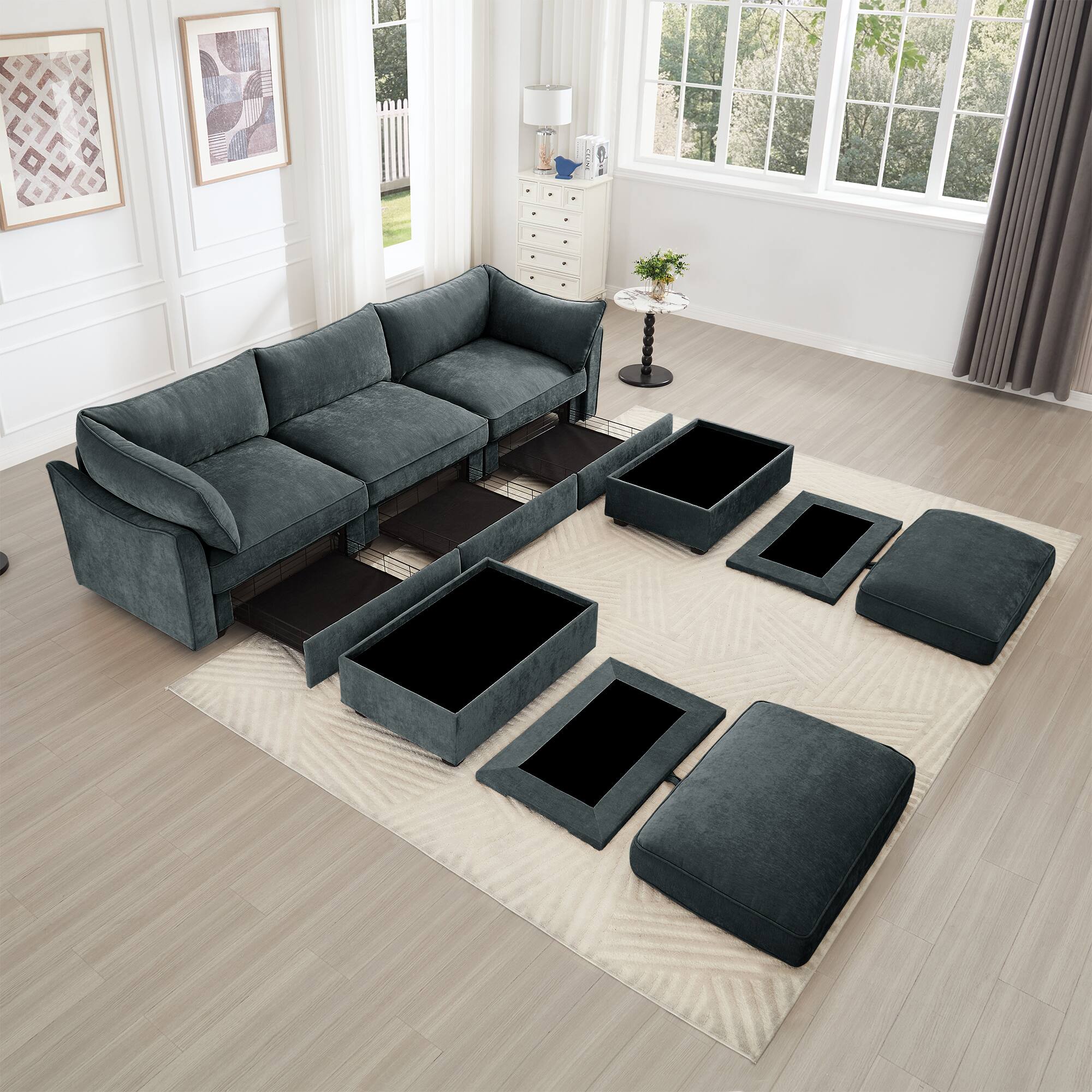 Left. Aukfa - U-Shaped 3-Seater Deep-Seat Sofa with 2 Footstools - Pull-Out Storage Drawers, Crescent Armrests, Chenille - Gray.