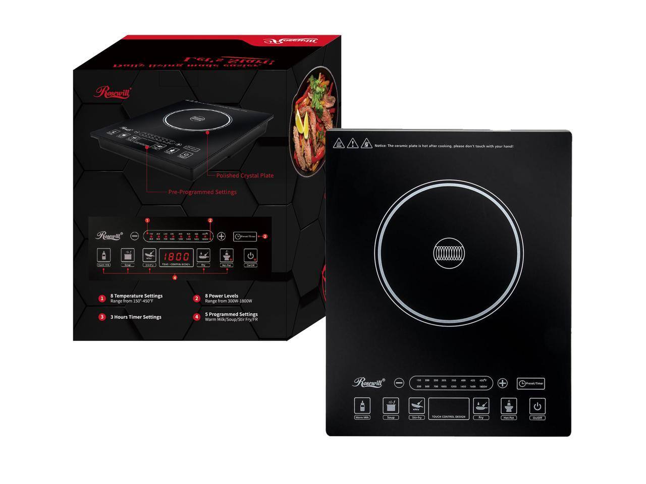 - PE Denn B08 H RUIC Rescuill S
- Notice: The ceramic plate is hot after cooking, please don't touch with your hand!
- Polished Crystal Plate
- Pre-Programmed Settings
- Temperature Settings Range from 150°F - 450°F
- Power Levels Range from 300W - 1800W
- 3 Hours Timer Settings
- Programmed Settings: Warm, Milk, Soup, Stir Fry, FR