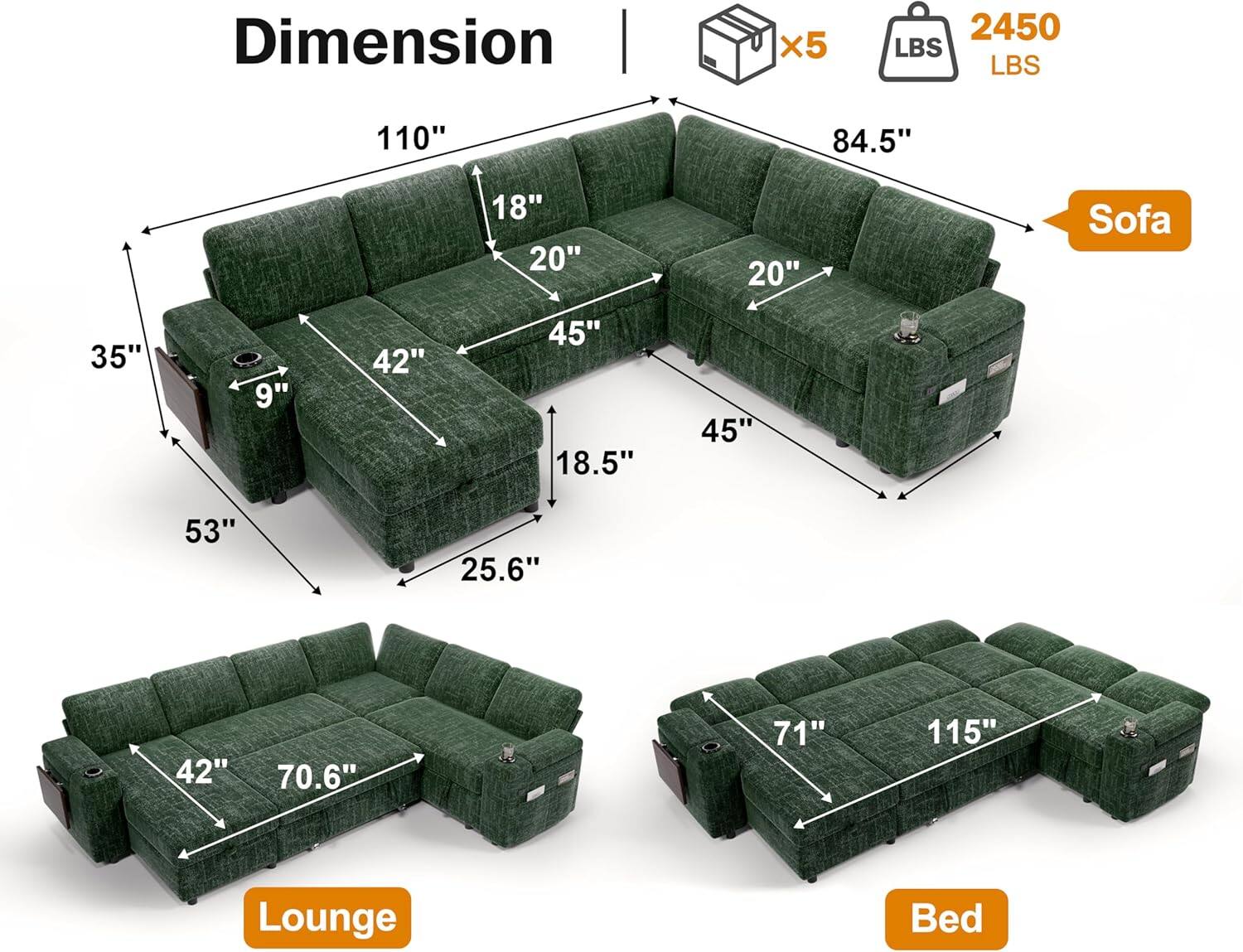 Dyonery 110" Modular Sectional Sleeper Sofa with Pull Out Bed, 7 Seat L ...