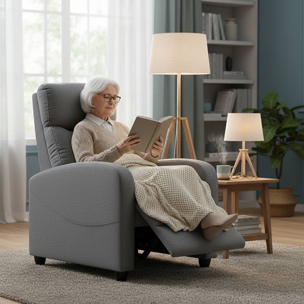 Angle. AOITUN - Small Power Recliner Chair, Gray Fabric Single Reclining Sofa with Remote, Modern Compact Living Room Seat - Gray.