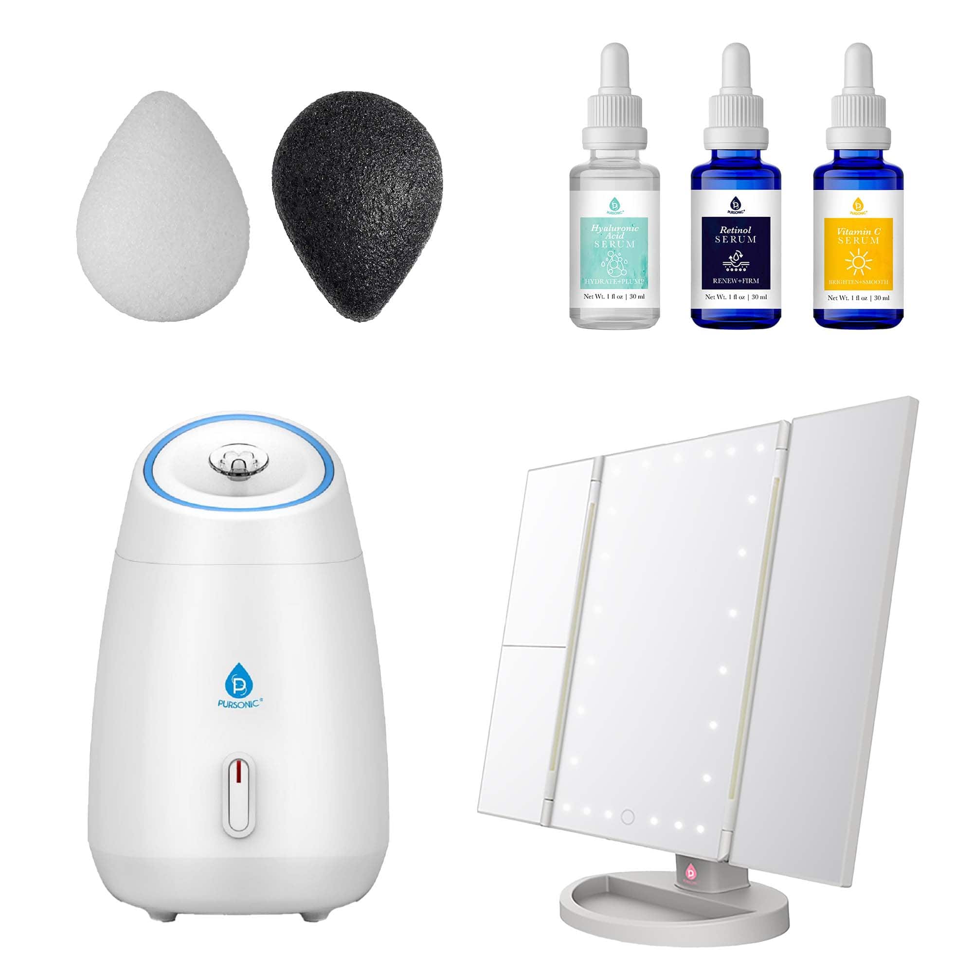 Ultimate Radiance Skincare & Beauty Bundle: Tri-Fold Vanity Mirror, Pursonic Facial Steamer, Anti-Aging Serum Set & Konj - Multicolor
