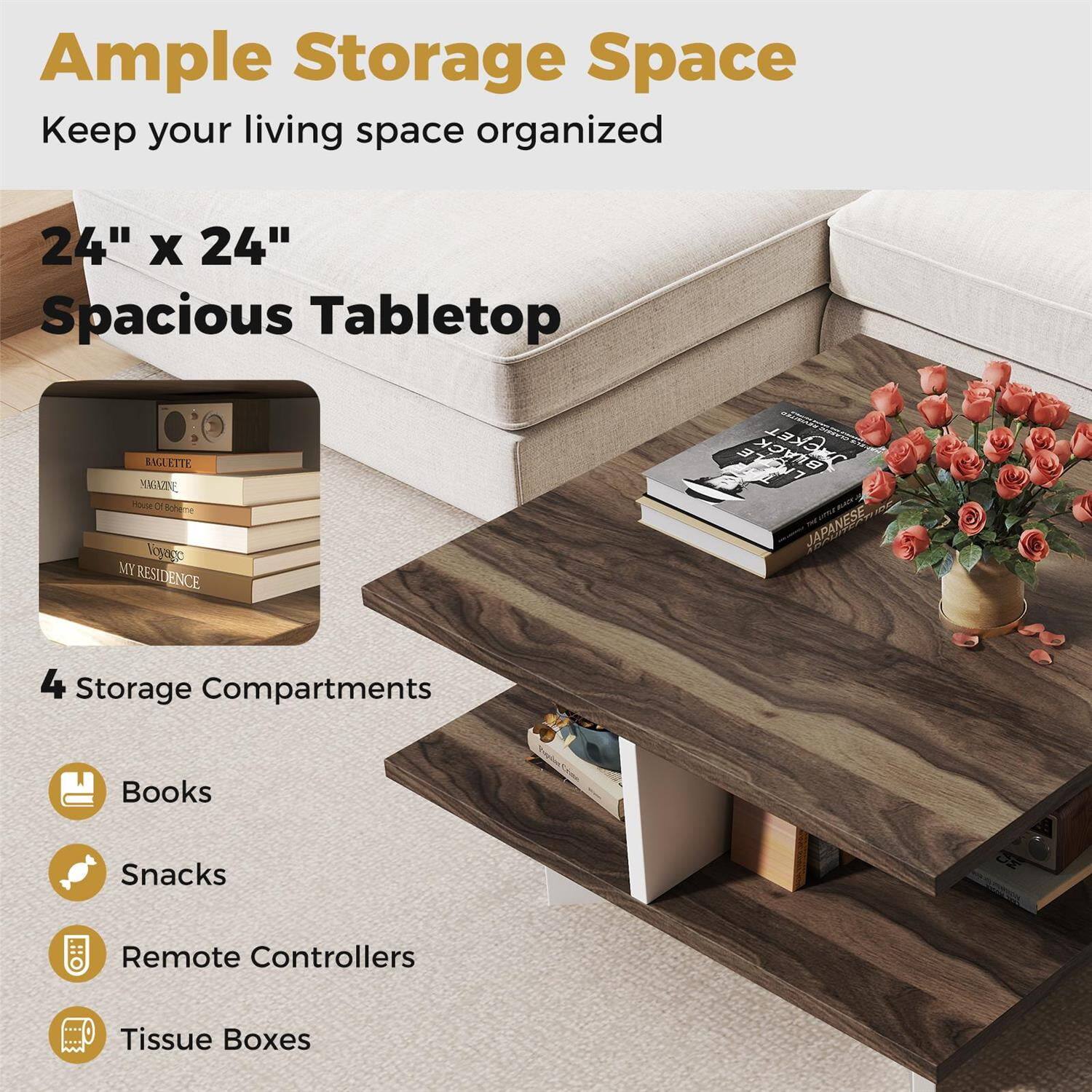 Ample Storage Space  
Keep your living space organized  

24" x 24" Spacious Tabletop  

4 Storage Compartments  
- Books  
- Snacks  
- Remote Controllers  
- Tissue Boxes  

Books:  
- BAGUETTE  
- MAGAZINE  
- HOUSE OF BORDEAUX  
- MY RESIDENCE  

Snacks:  
- (Image of a snack box)  

Remote Controllers:  
- (Image of a remote controller)  

Tissue Boxes:  
- (Image of a tissue box)