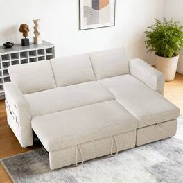 Dyonery - 81" Pull Out Sleeper Sofa Bed, L-Shaped Chenille Sectional Couch, 3-Seater Convertible Sofa with Hidden Storage - Beige