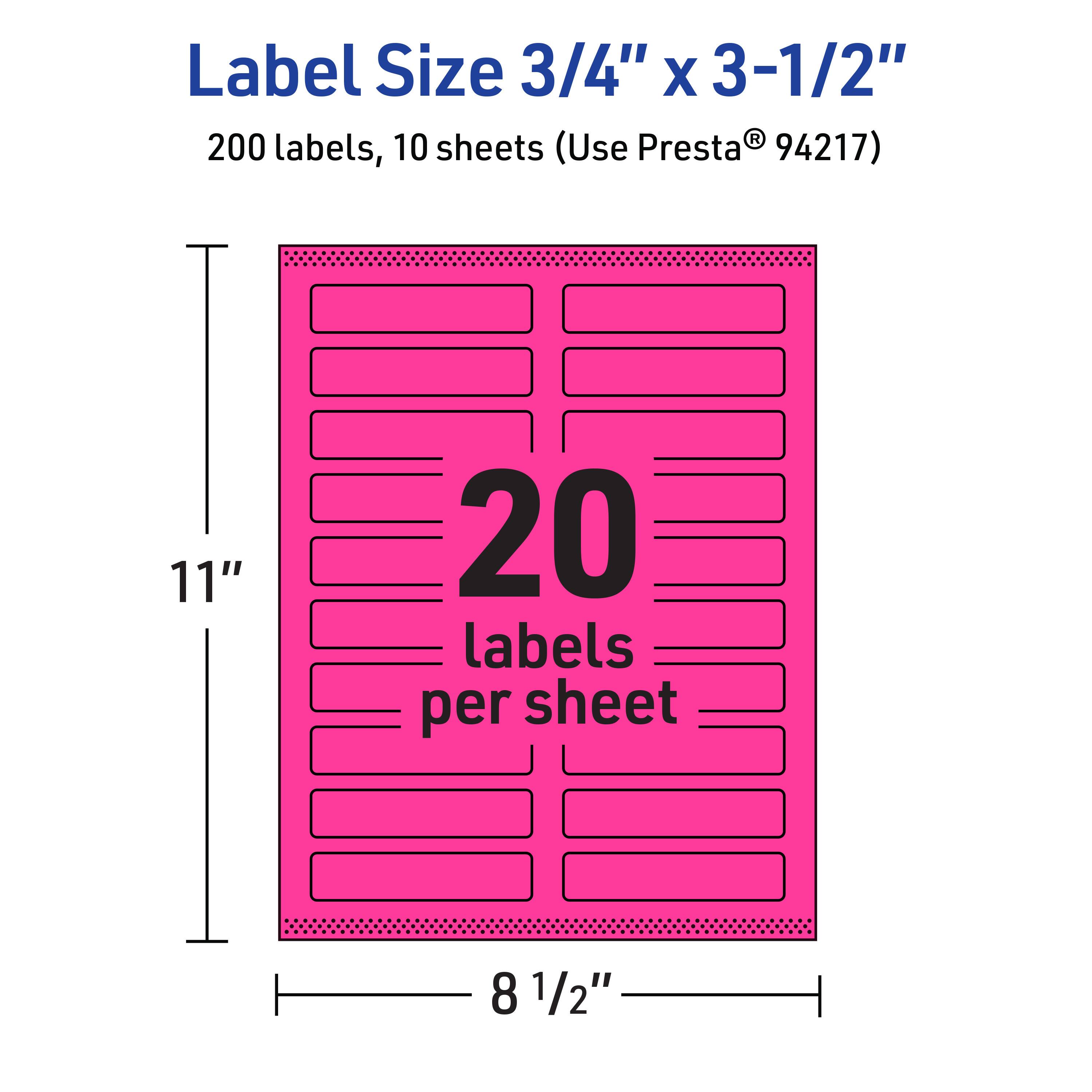 Label Size 3/4" x 3-1/2"  
200 labels, 10 sheets (Use Presta® 94217)  
20 labels per sheet  
11" x 8 1/2"