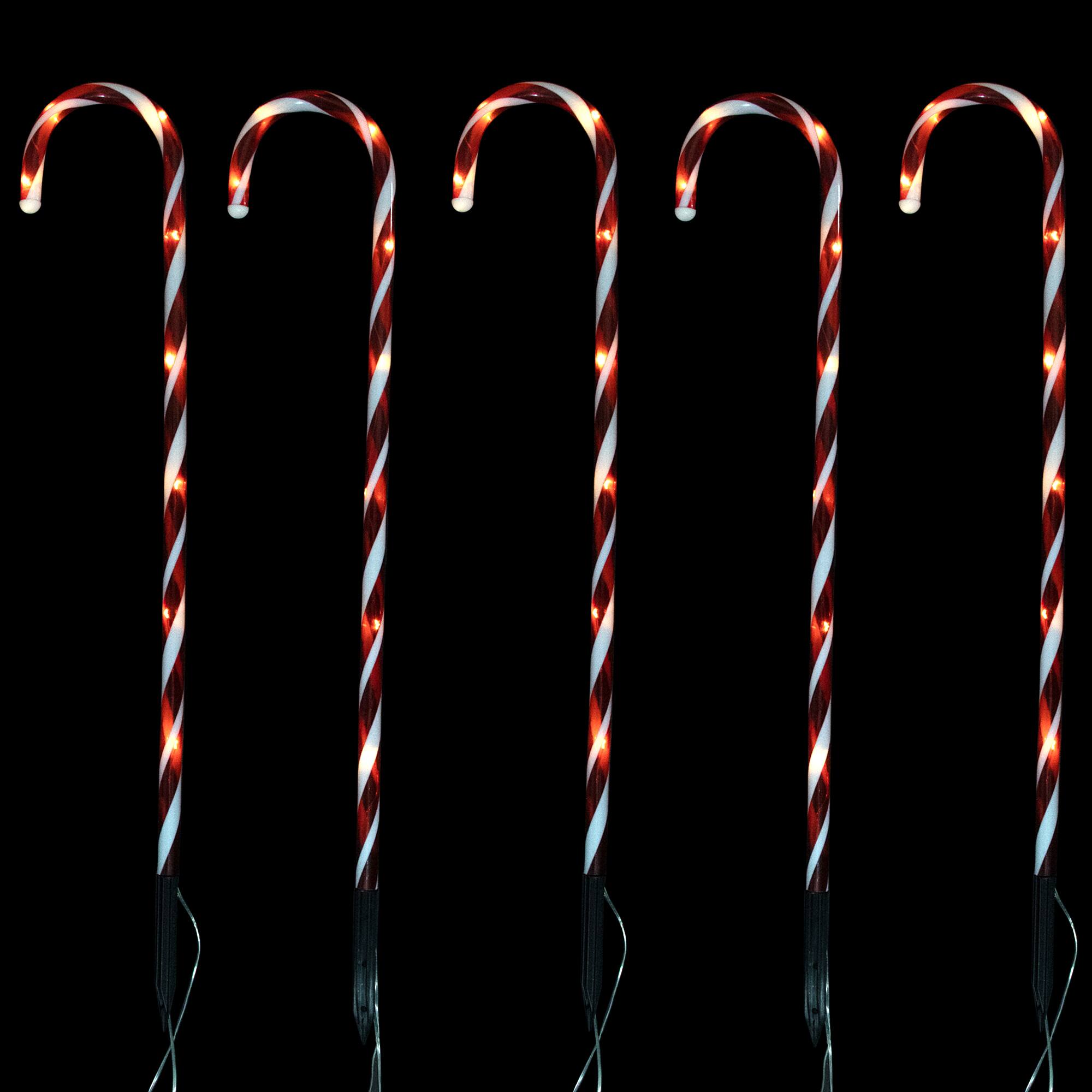 Alt View 2. Northlight - Set of 5 Red Lighted Candy Cane Christmas Lawn Stakes 28" - Battery Operated - Red.