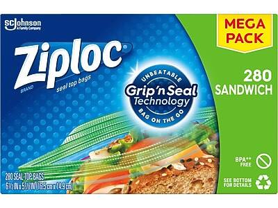 SC Johnson Family Company  
Ziploc Brand Seal Top Bags  
Unbeatable Grip'n Seal Technology  
Bag on the Go  
Mega Pack  
280 Sandwich Bags  
280 Seal Top Bags  
6V2 x 5.7" x 16.5 cm x 14.9 cm  
BPA Free  
See Bottom for Details