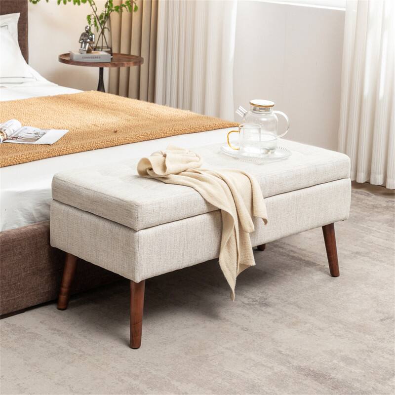 Front. HTUTWOO - Storage Bench for Bedroom-43.7" W Upholstered Ottoman Bench,Foot of Entryway Bench,Hidden Compartment with Lift Top Lid - Off White.