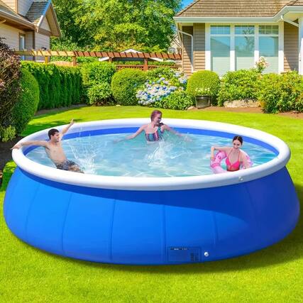 Front. Mondawe - 305x76 Round Inflatable Top Ring Above Ground Family Swimming Pool for Backyard - Blue.