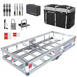 Mockins - 50 in. x 24 in. x 7 in. Aluminum Hitch Cargo Carrier with 25 Cu Ft. Gray Hitch Cargo Carrier Bag and Accessories