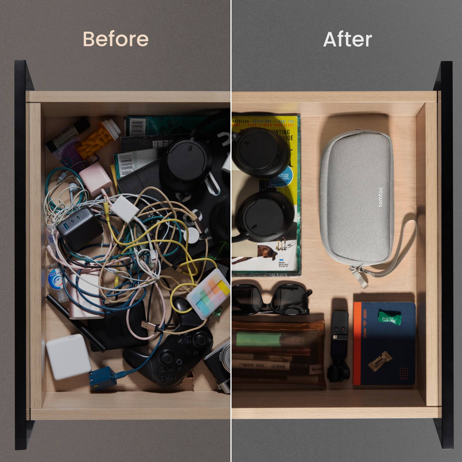 Before: A cluttered box with various items, including a book, a cell phone, a camera, and a remote control.

After: A neatly organized box with a book, a cell phone, a camera, and a remote control, along with other items.