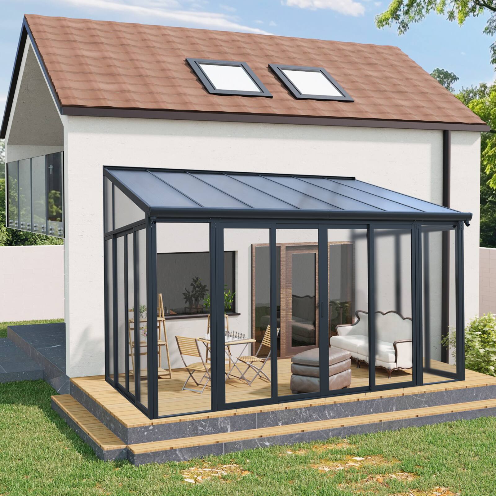 Angle. Mondawe - 10×14 ft Season Sunroom with 3 Lockable Sliding Doors - Black.