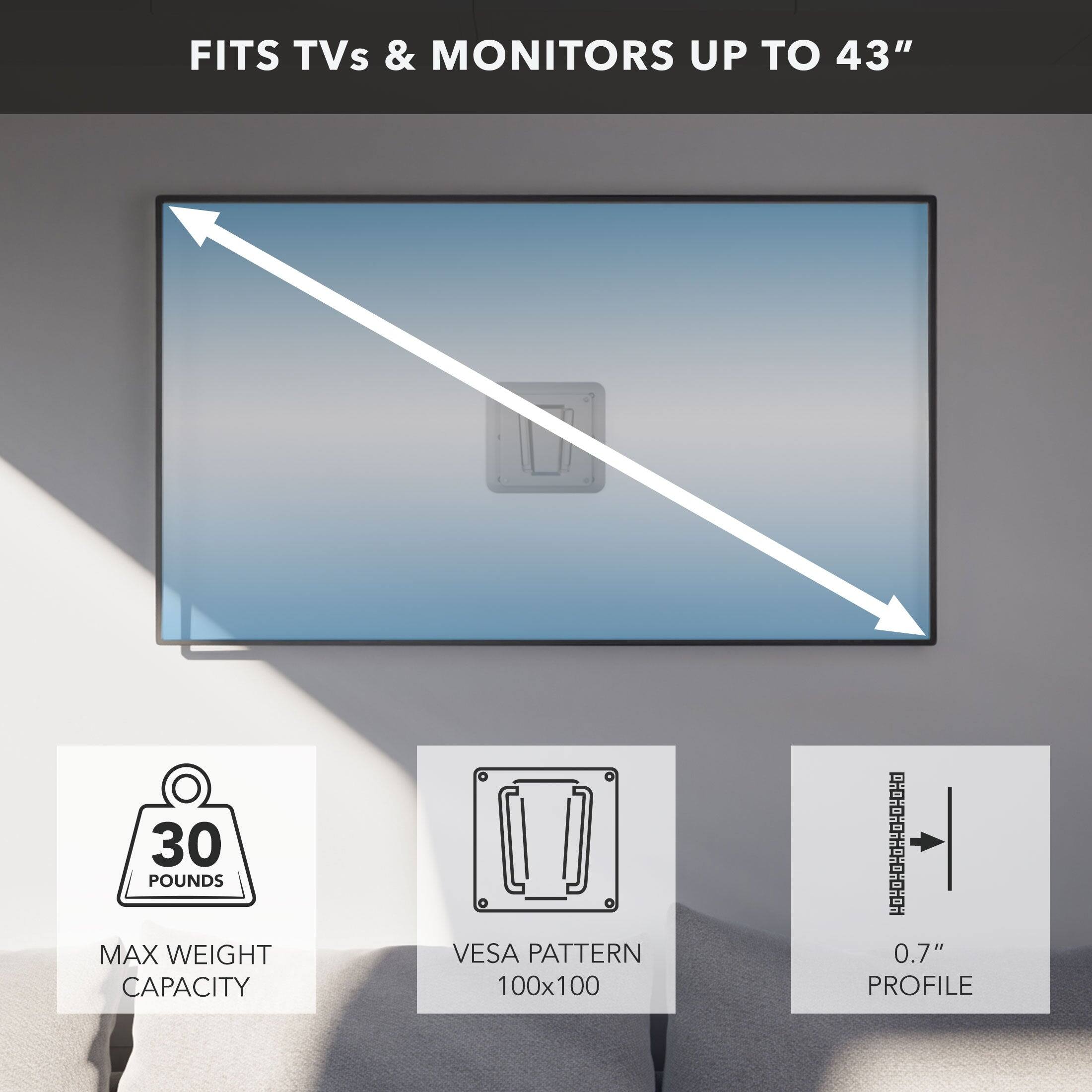 FITS TVs & MONITORS UP TO 43"

- MAX WEIGHT CAPACITY: 30 POUNDS
- VESA PATTERN: 100x100
- PROFILE: 0.7"