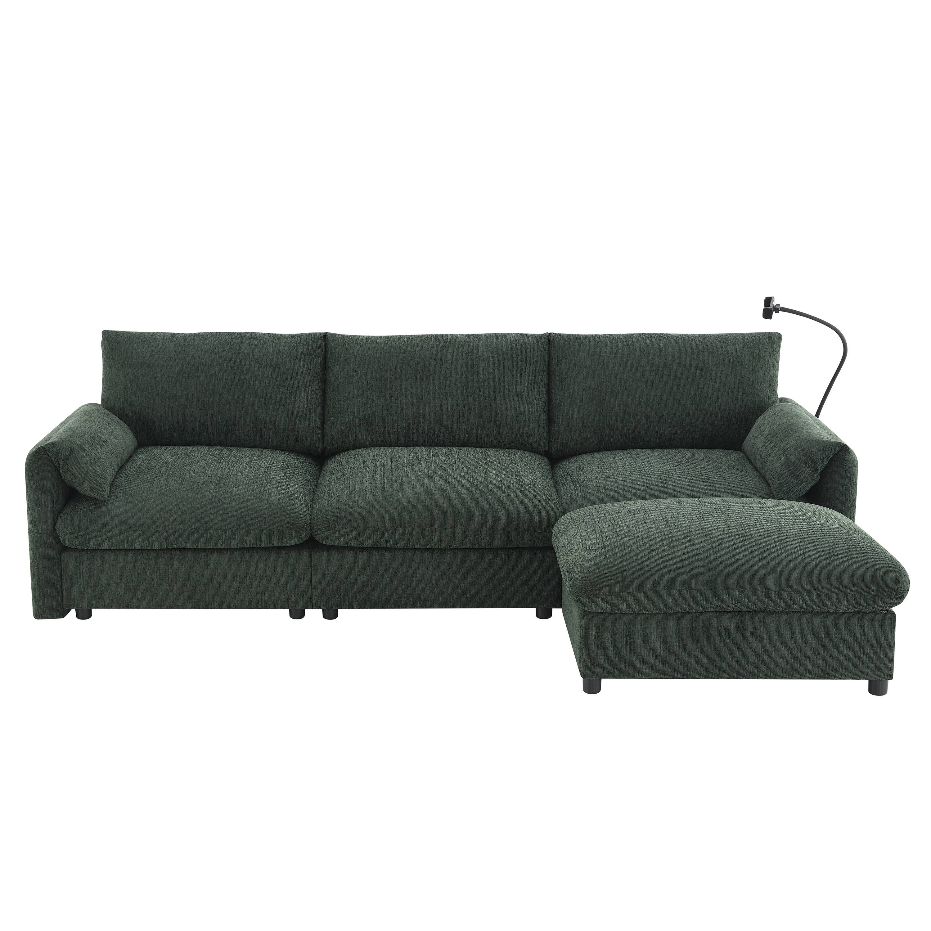Back. Whisen - 96.5" L-Shaped Chenille Sectional Sofa with Storage Ottoman & USB for Living Room - Green.