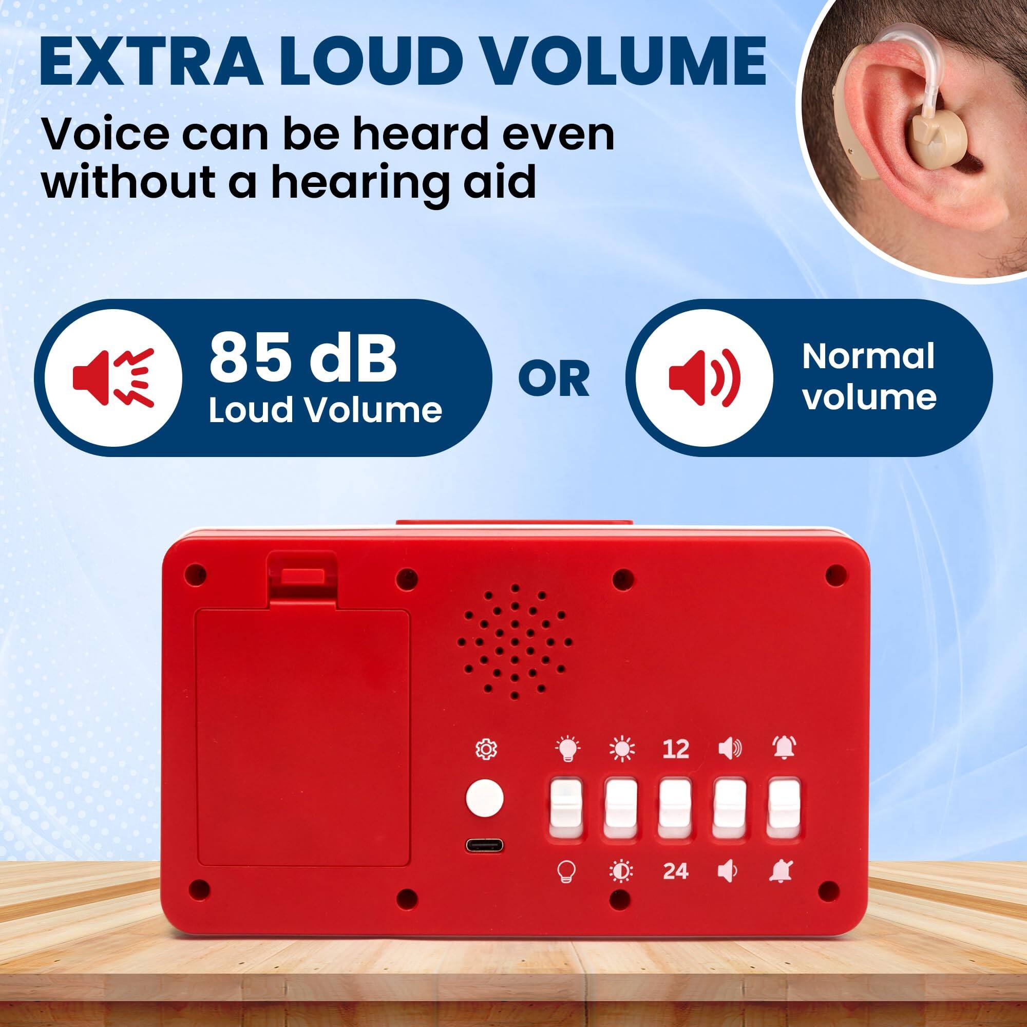 EXTRA LOUD VOLUME  
Voice can be heard even without a hearing aid  

85 dB  
Loud Volume  

OR  

Normal volume