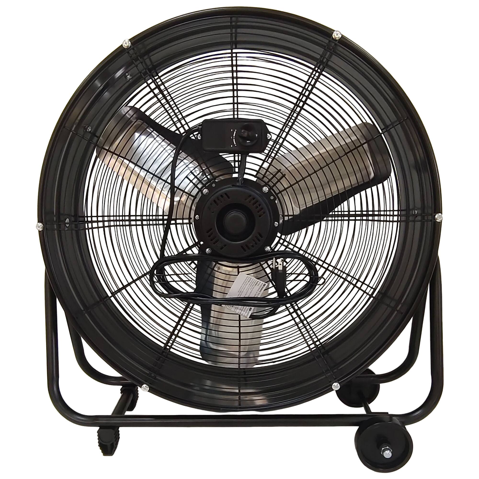 Left. Loheer - 24 Inch Industrial Drum Fan, High Velocity Heavy Duty Commercial Shop Garage Floor Fan, 3 Speed & 360 Tilt - Black.