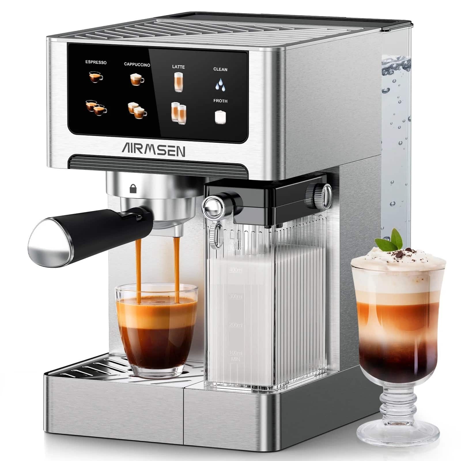AIRMSEN - Espresso Machine Maker with Automatic Milk Frother, 20 Bar Cappuccino Latte Machines - Stainless Steel