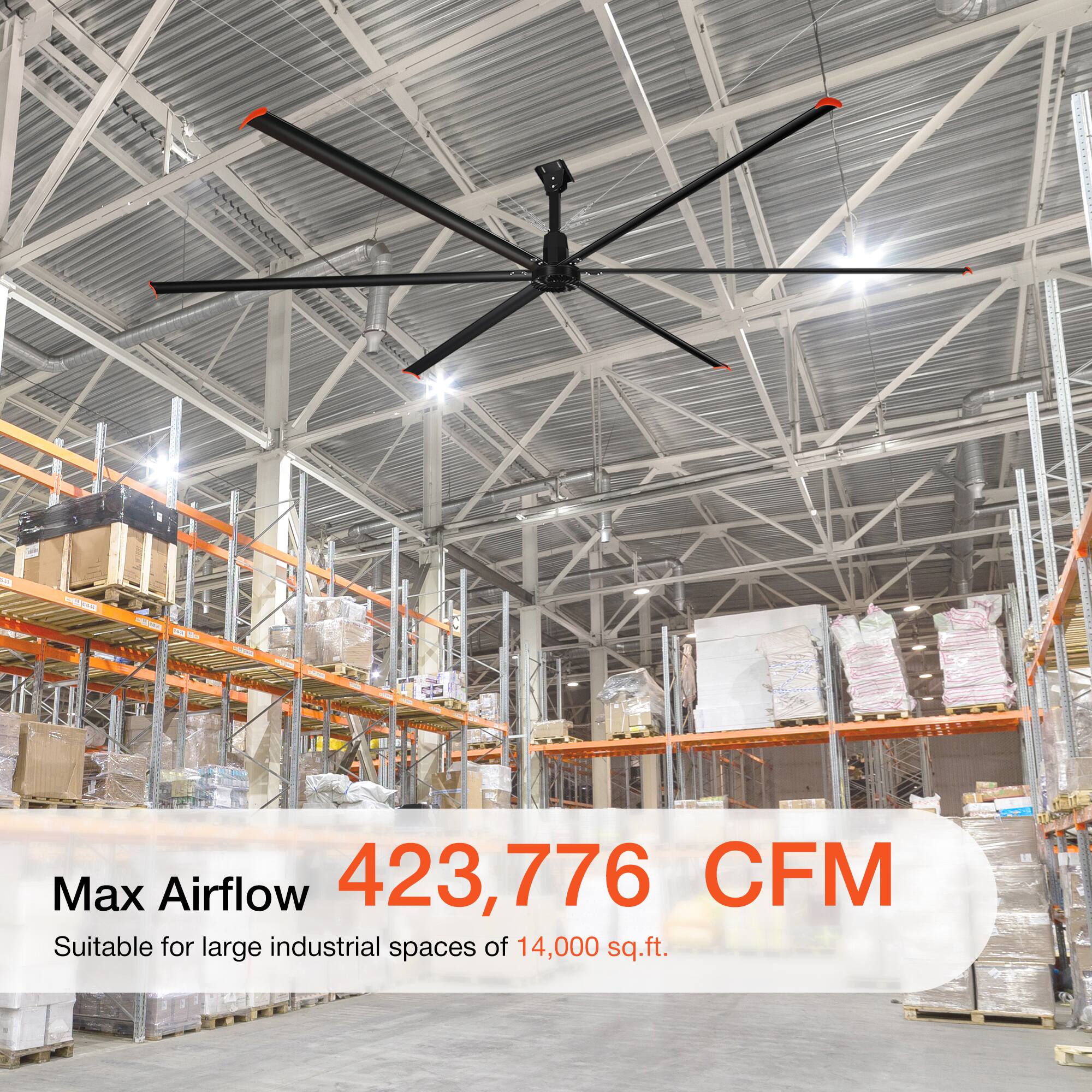 Max Airflow 423,776 CFM  
Suitable for large industrial spaces of 14,000 sq.ft.