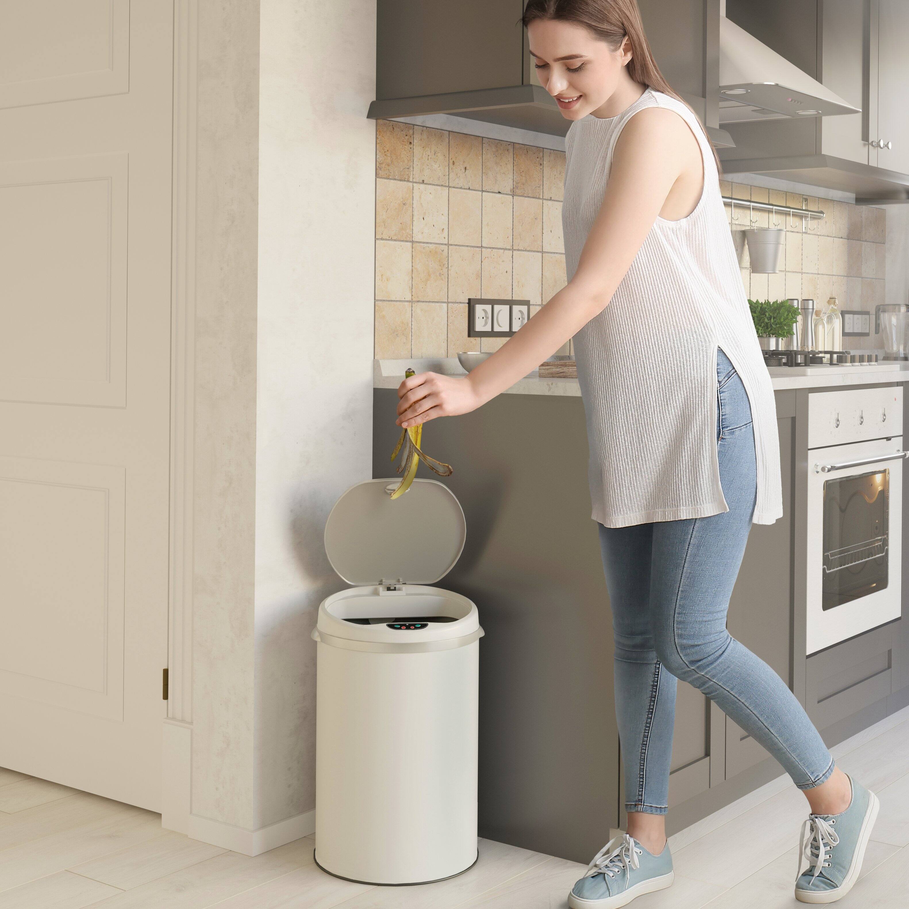 Alt View 11. iTouchless - 8 Gallon Touchless Sensor Trash Can with AbsorbX Odor Control System, White Stainless Steel Round Shape Kitchen Bin - Pearl White.