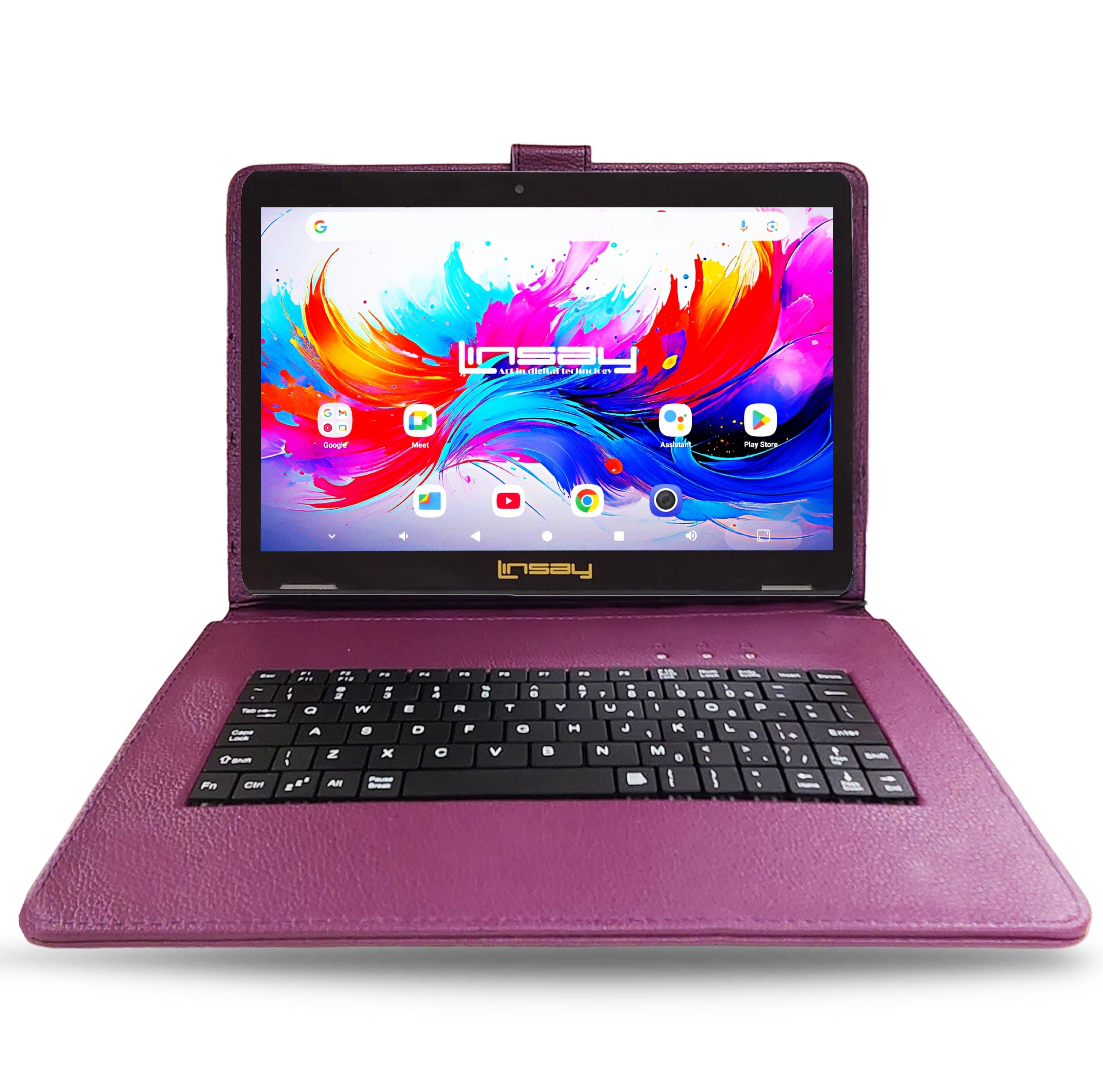 LINSAY - 10.1"Octa Core 256GB Storage Android 15 Tablet with Style Keyboard - Purple
