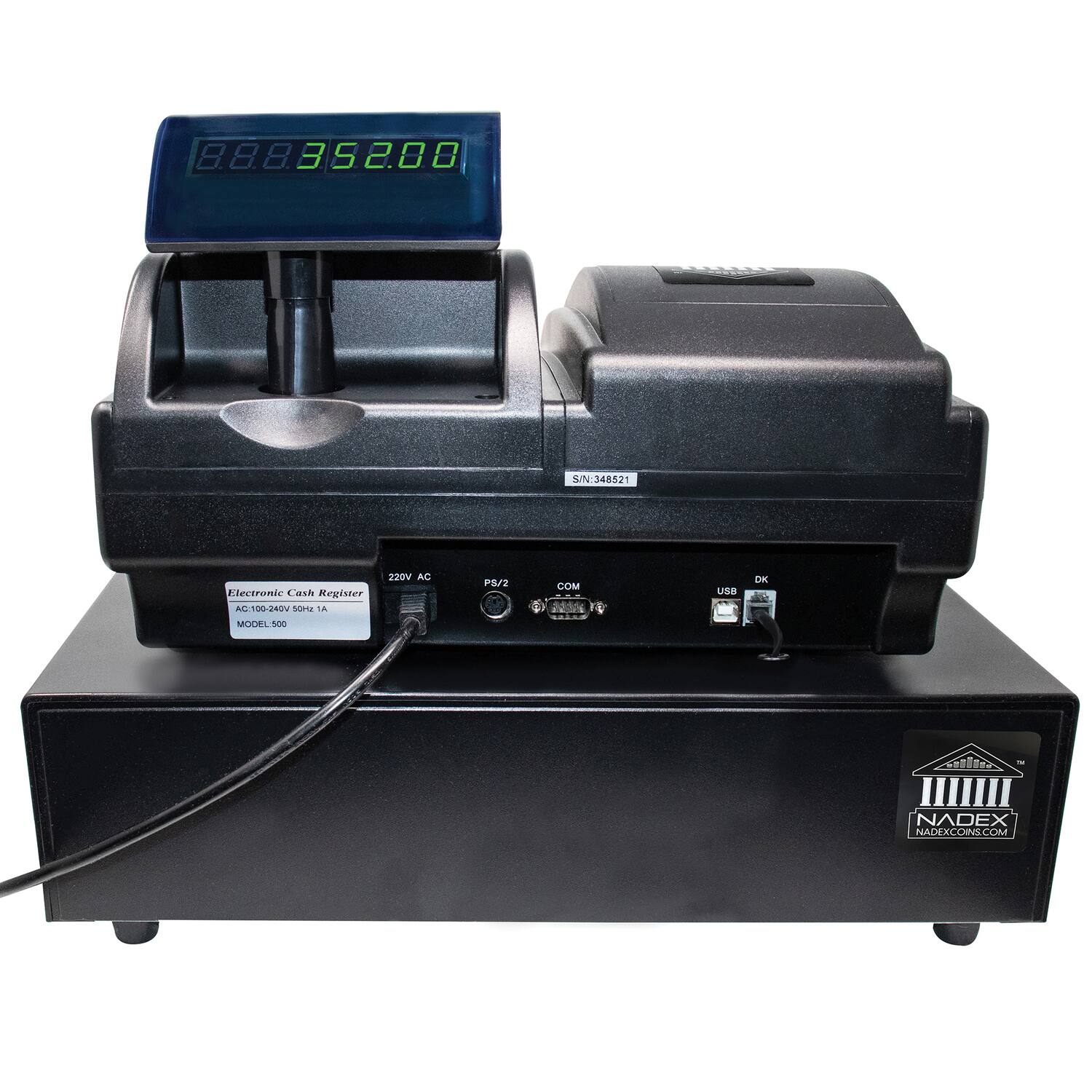 8.8.8.852.00  
SIN: 348521  
Electronic Cash Register  
AL A100-202  
MODEL 500  
220V AC  
P8/2  
COM 204  
USB  
DK  
NADEX  
NADEXCOMS.COM