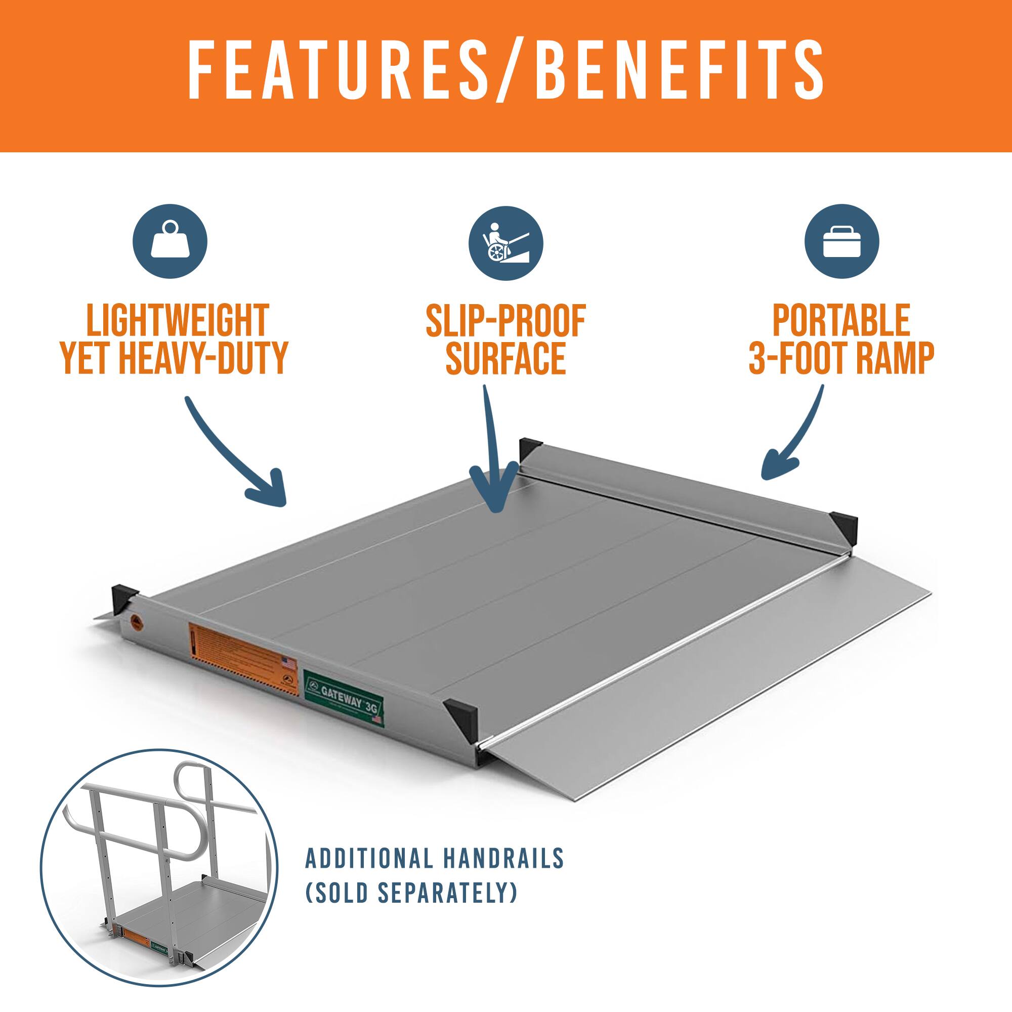 - Lightweight yet heavy-duty
- Slip-proof surface
- Portable 3-foot ramp
- Additional handrails (sold separately)