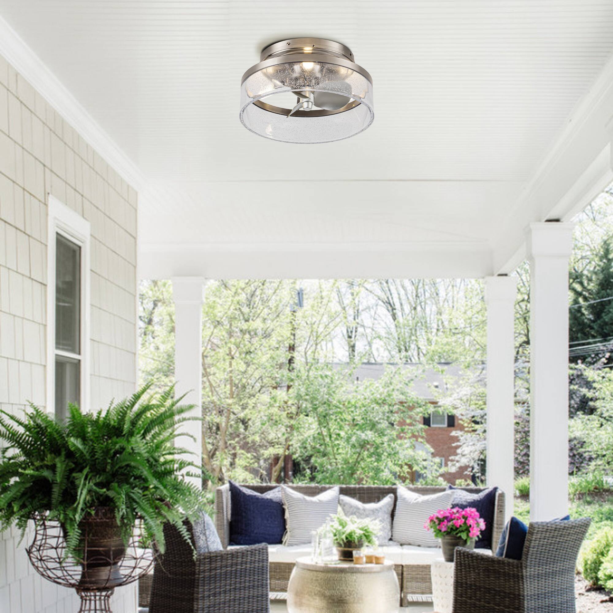 Back. Parrot Uncle - 12.6" Small Satin Nickel Flush Mount Ceiling Fan with Light - Nickel.