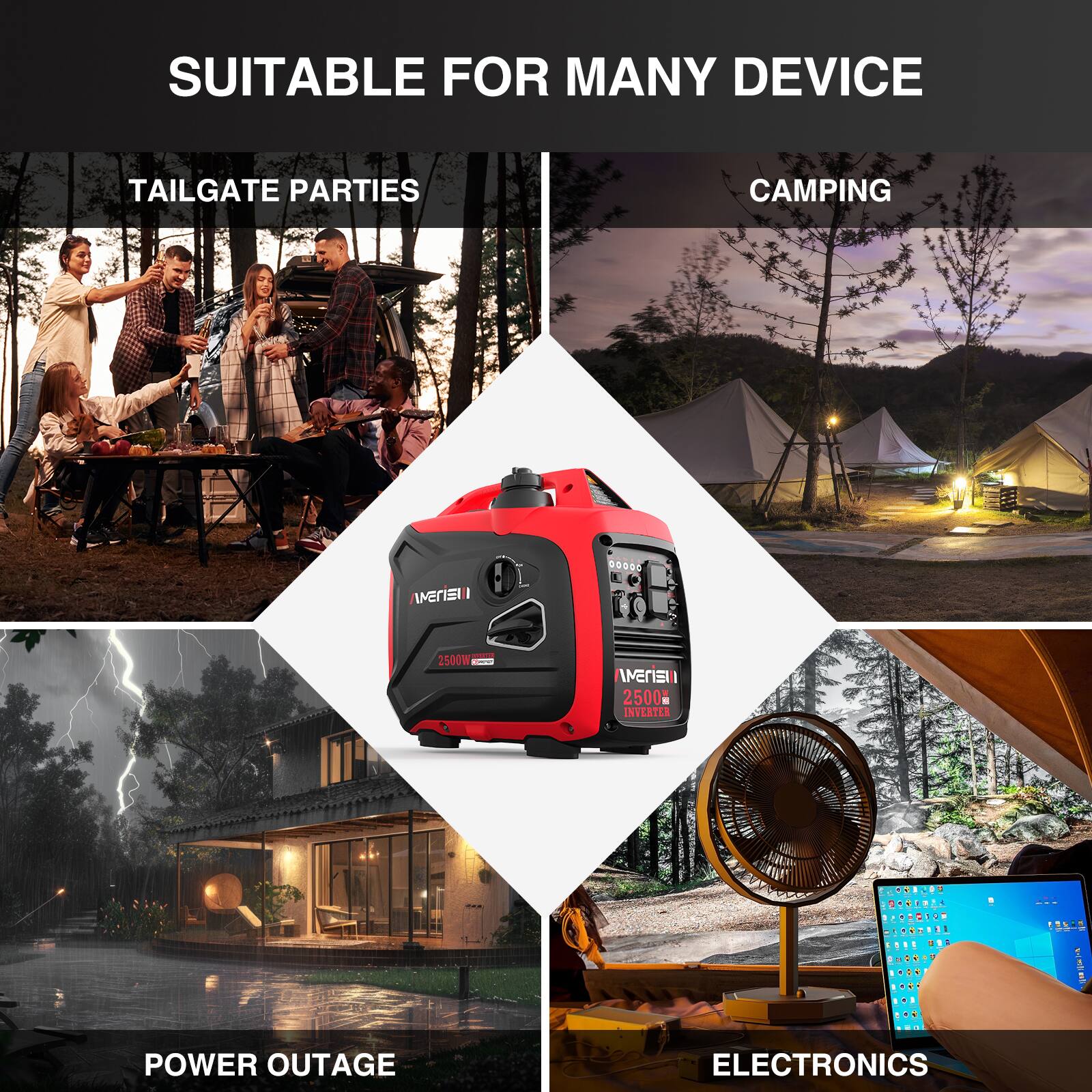 SUITABLE FOR MANY DEVICE

TAILGATE PARTIES

CAMPING

POWER OUTAGE

ELECTRONICS