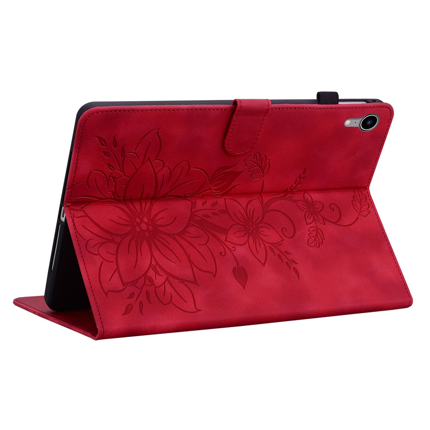 Left. Dteck - Case for Apple iPad mini (A17 Pro) 2024 & iPad mini 6th Gen 8.3" 2021,Embossed Pattern PU Leather Flip Card Holder Cover - Red.