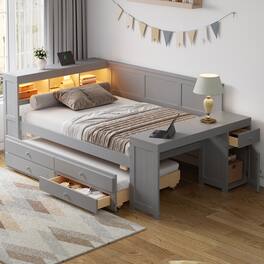 Whisen - Full Size Daybed with Trundle, Storage Shelves, Drawers, Desk, LED & Charging Station - Gray