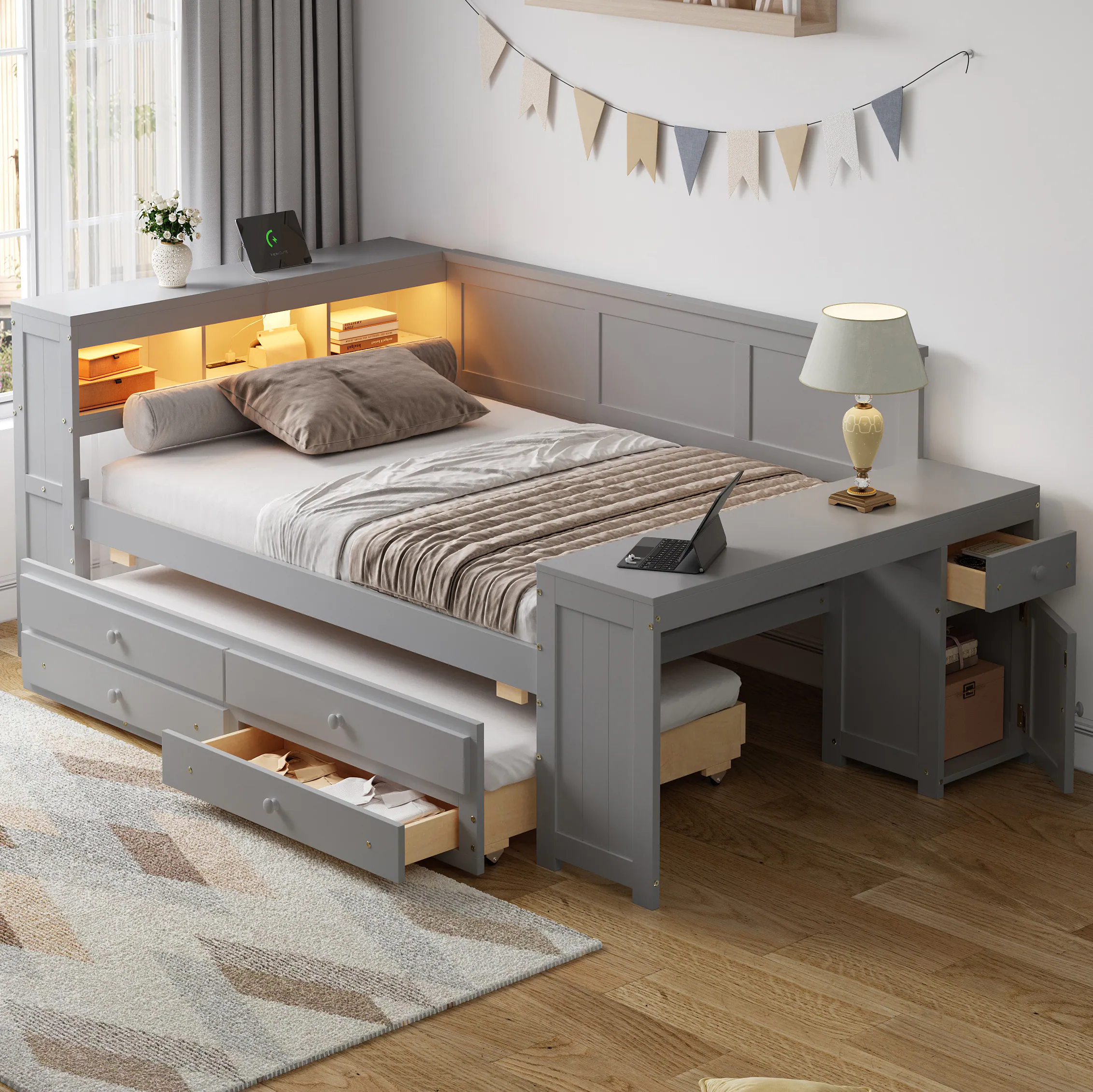 Left. Anysun - Full Size Space‑Saving Multifunctional Bed with Trundle, Charging Station & LED Light, Solid Pine Wood Construction - Grey.