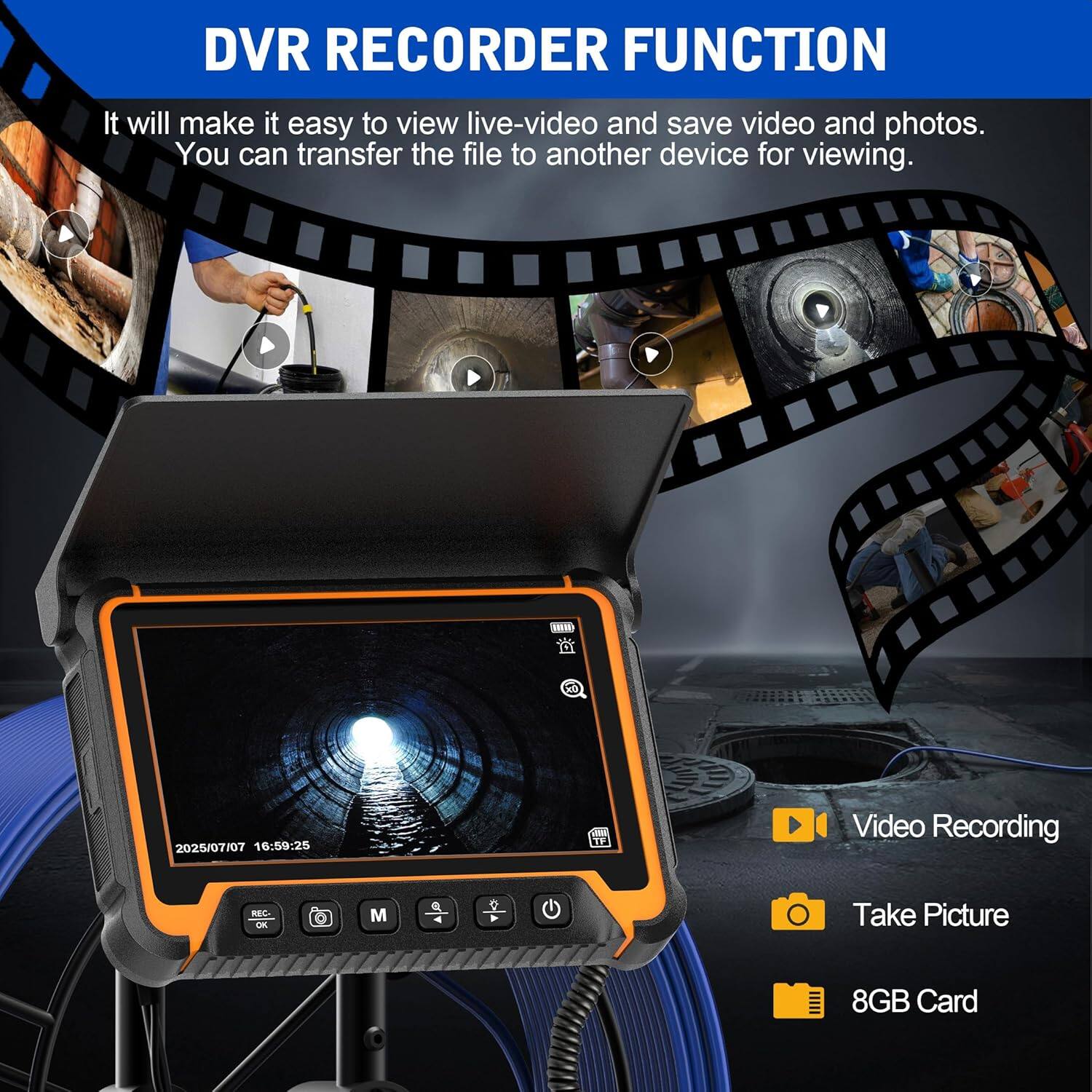 Left. Aukfa - Sewer Camera with Locator - 7" HD Borescope, Self-Leveling, IP68, 100Ft 5MM Cable, 5X Zoom, DVR.