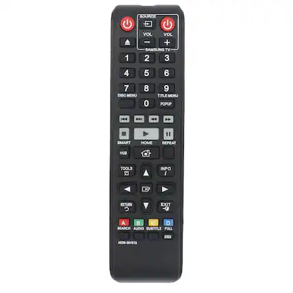 SOURCE VOL VOL SAMSUNG TV 1 2 3 4 5 6 7 DISC MENU 8 0 9 TITLE MENU POPUP SMART HOME REPEAT HUB TOOLS INFO i RETURN EXIT A B C D SEARCH AUDIO SUBTITLE FULL SCREEN AK50-00167A