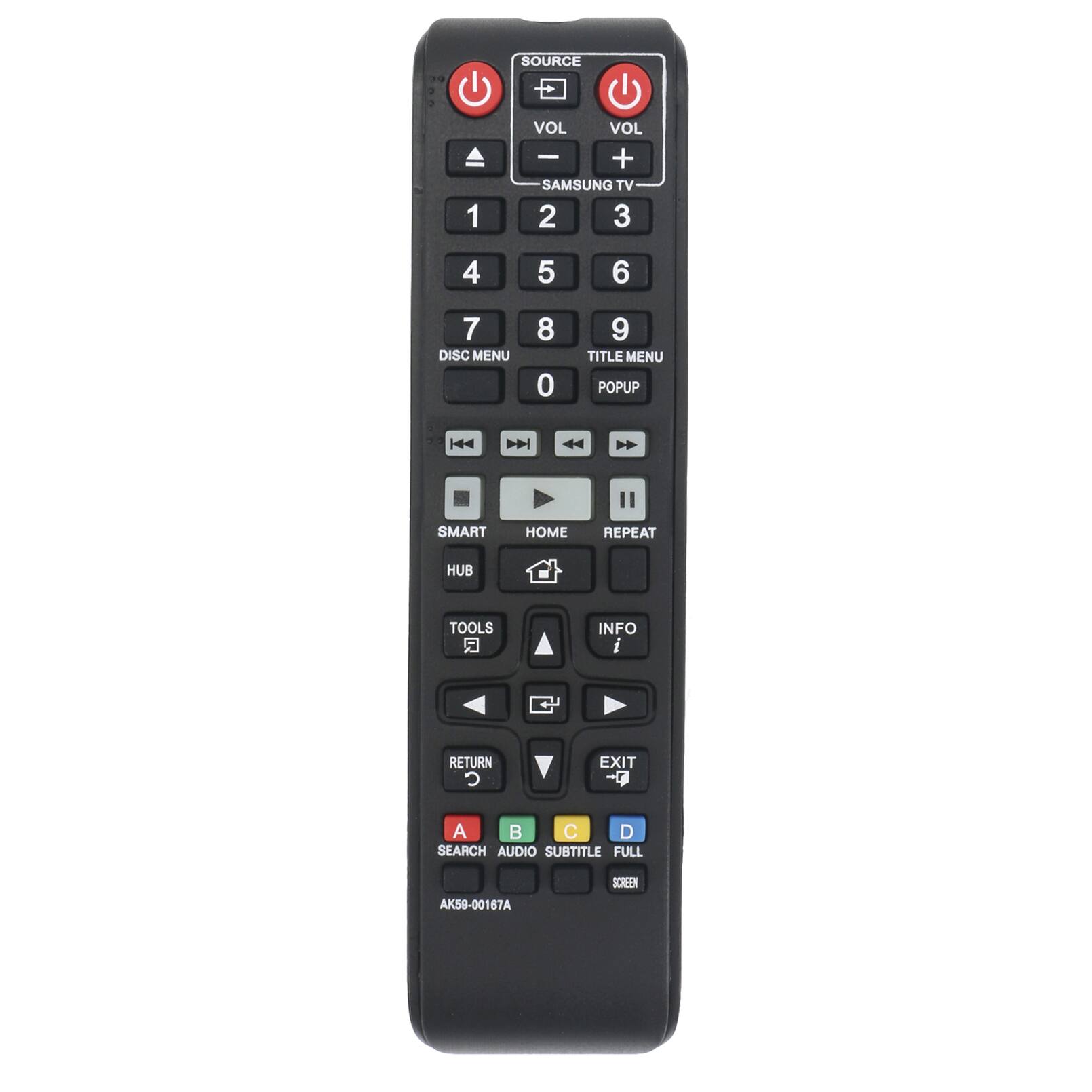 SOURCE VOL VOL SAMSUNG TV 1 2 3 4 5 6 7 DISC MENU 8 0 9 TITLE MENU POPUP SMART HOME REPEAT HUB TOOLS INFO i RETURN EXIT A B C D SEARCH AUDIO SUBTITLE FULL SCREEN AK50-00167A