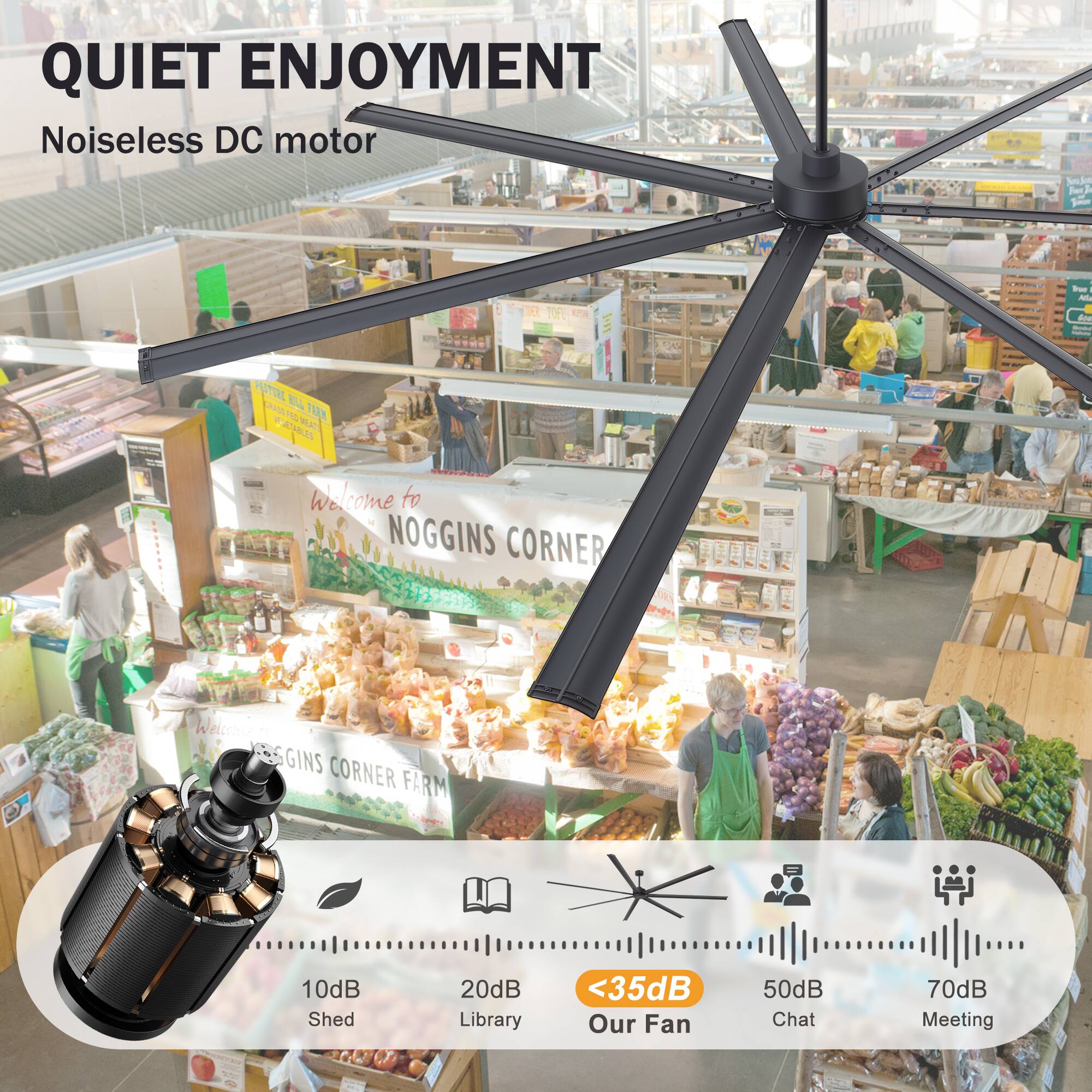 QUIET ENJOYMENT  
Noiseless DC motor

Welcome to NOGGINS CORNER  
Welcome to NOGGINS CORNER FARM

10dB Shed  
20dB Library  
<35dB Our Fan  
50dB Chat  
70dB Meeting