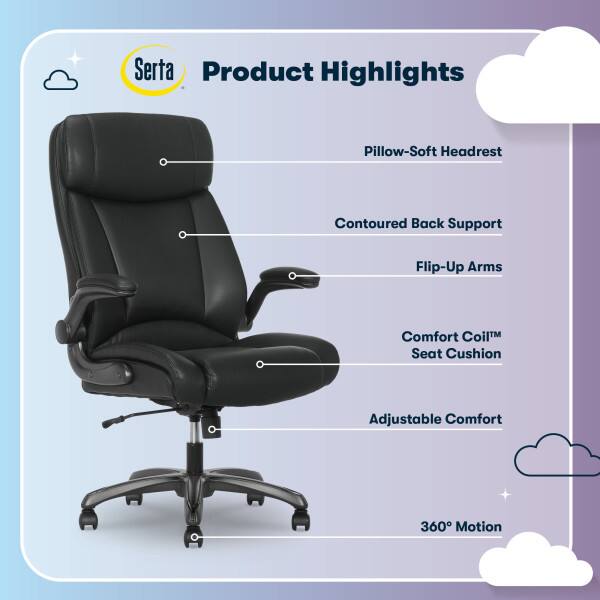 Product Highlights

- Pillow-Soft Headrest
- Contoured Back Support
- Flip-Up Arms
- Comfort Coil™ Seat Cushion
- Adjustable Comfort
- 360° Motion