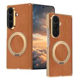 Dteck - Shockproof Magnetic Case for Samsung Galaxy Z Fold8 Ultra with Ring Stand, Leather Texture Rigid Plastic Hinge Cover - Brown