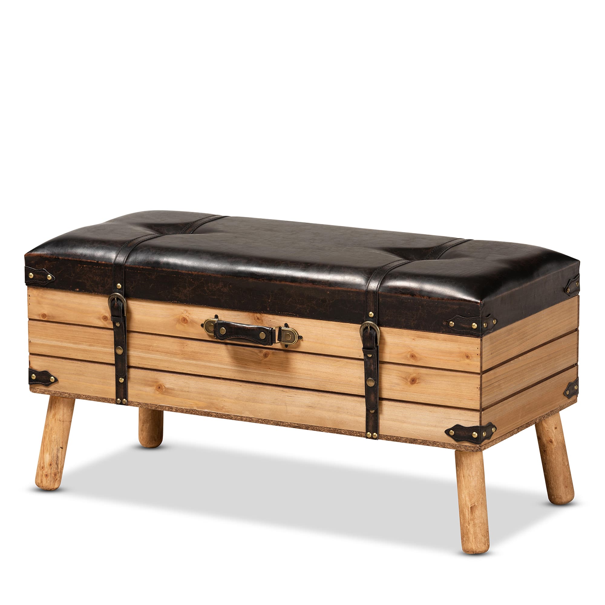 Baxton Studio - Amena Rustic Transitional PU Leather Upholstered and Oak Finished Wood Large Storage Ottoman - Brown/Oak