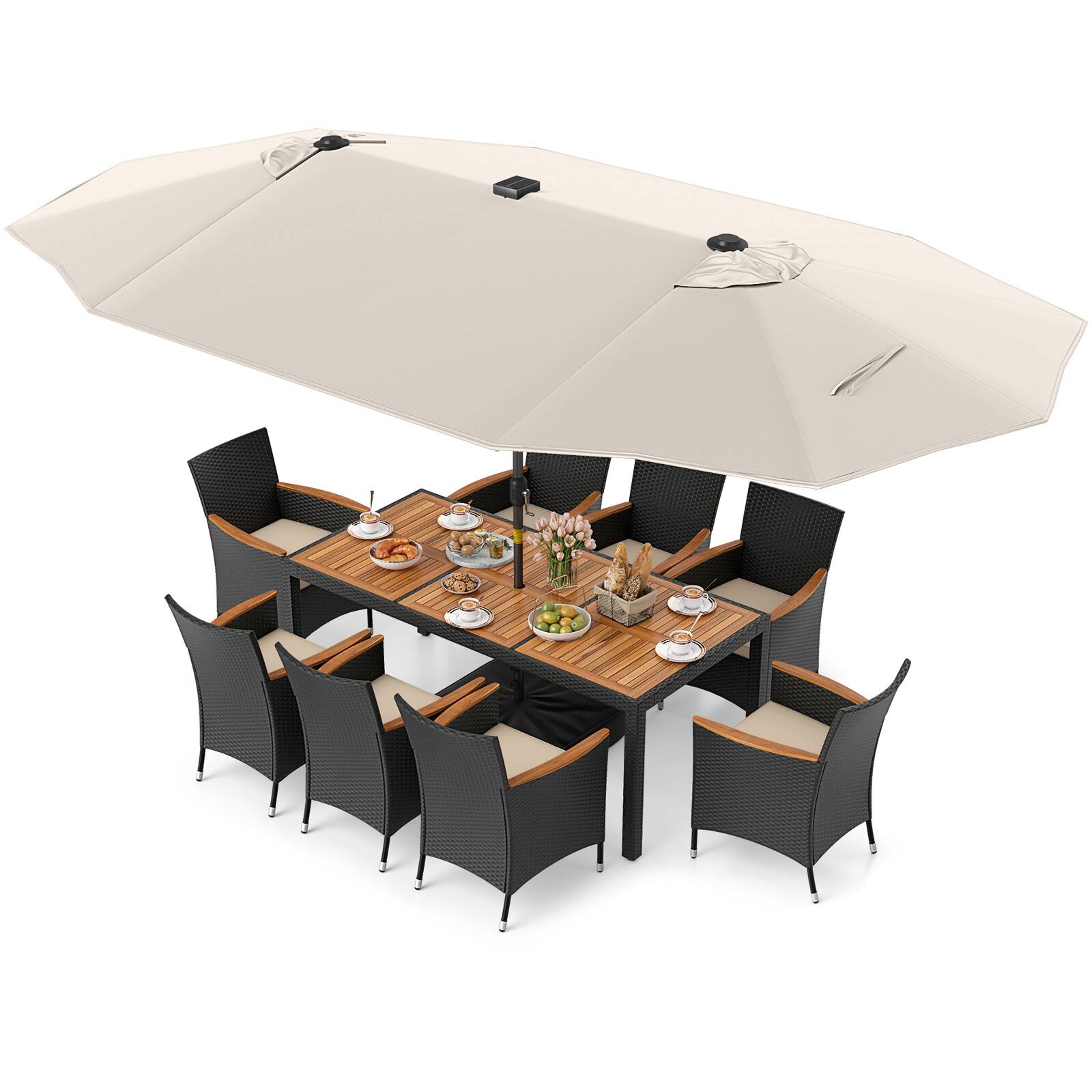 Alt View 4. Gymax - Gymax Set Of 11 Patio Dining Set w/ 15ft Double-Sided Patio Umbrella (Base Included) Beige - Beige.