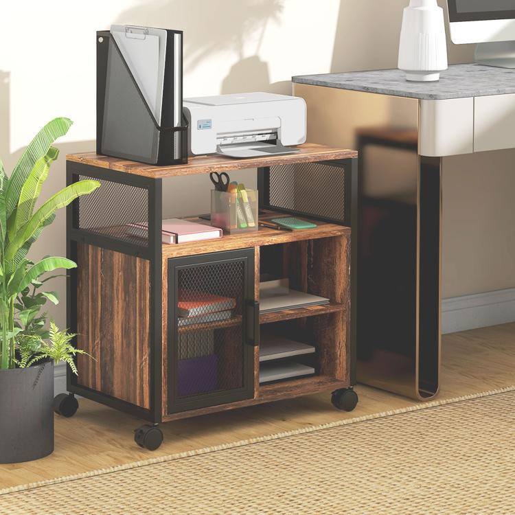 Alt View 1. PULUZ - Printer Stand with Socket and USB Charging Ports, Industrial Mobile Printer Table with Storage and Wheels - Rustic Brown.