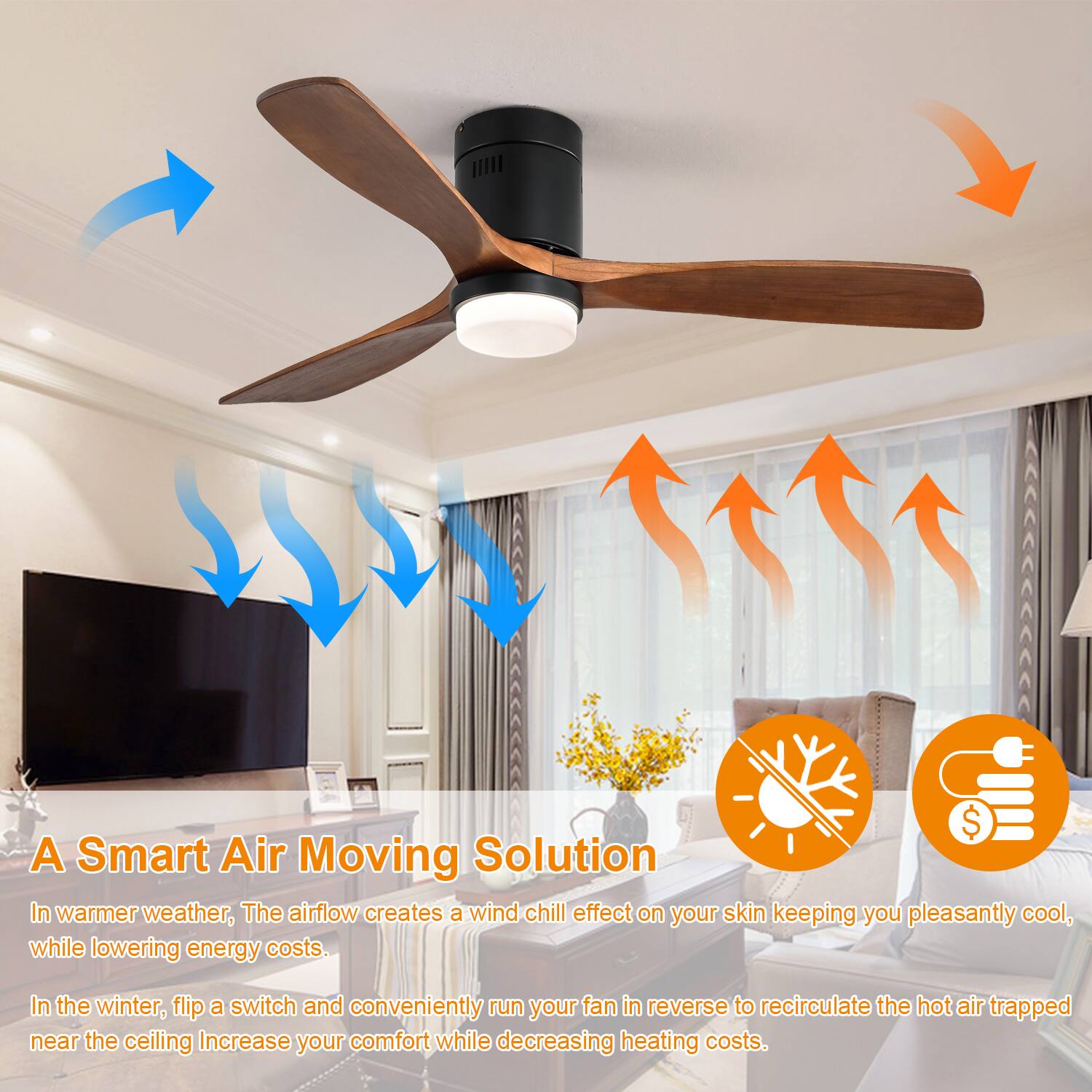 A Smart Air Moving Solution

In warmer weather, the airflow creates a wind chill effect on your skin keeping you pleasantly cool, while lowering energy costs.

In the winter, flip a switch and conveniently run your fan in reverse to recirculate the hot air trapped near the ceiling. Increase your comfort while decreasing heating costs.