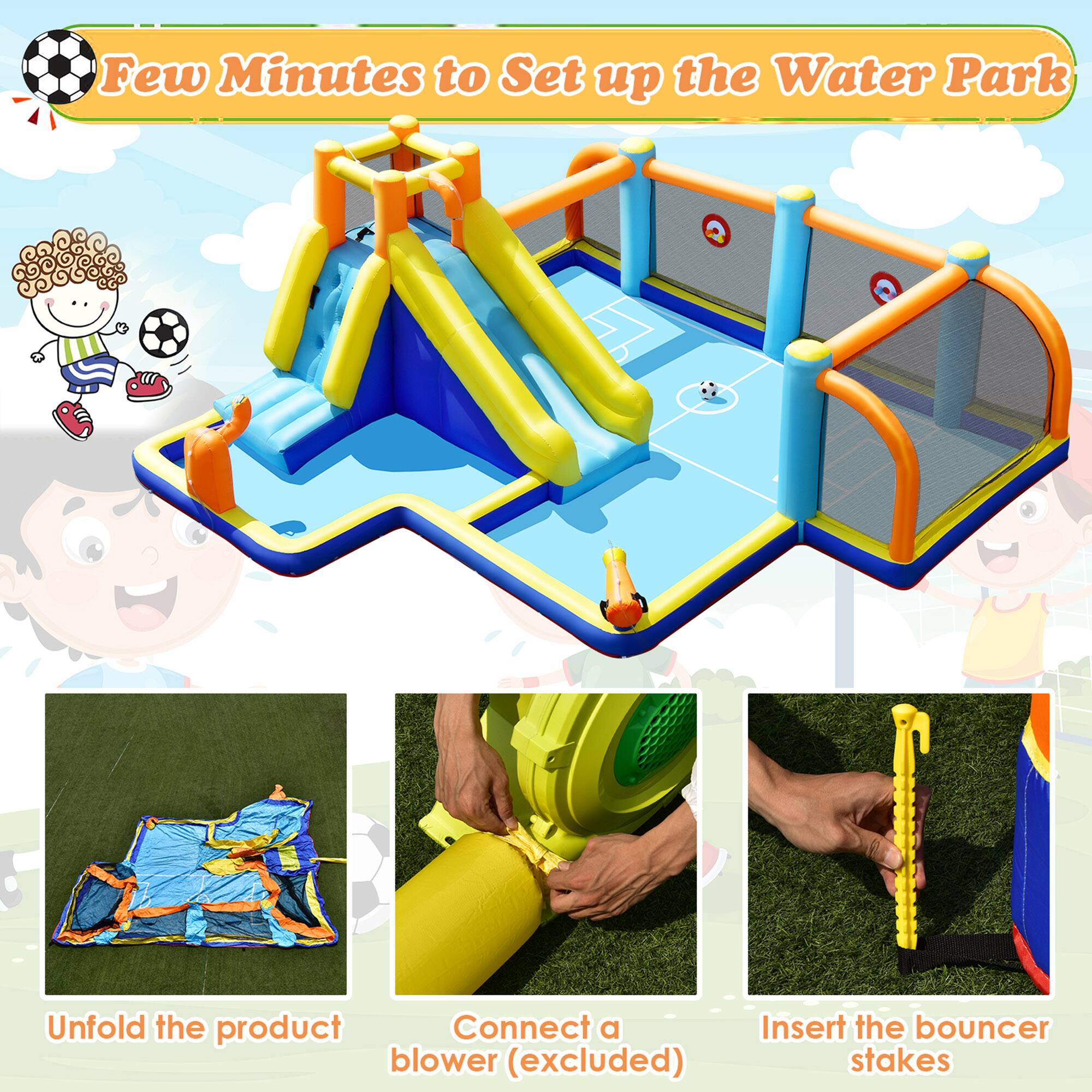 Few Minutes to Set up the Water Park

- Unfold the product
- Connect a blower (excluded)
- Insert the bouncer stakes