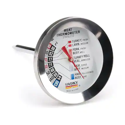 MEAT THERMOMETER STAINLESS
- TURKEY, FRESH: 88°F
- LAMB, MEDIUM: 82°F
- PORK, FRESH: 77°F
- BEEF, WELL: 71°F
- TURKEY ROLL: 66°F
- VEAL, BONELESS: 60°F
- HAM, CURED: 54°F
- BEEF, MEDIUM: 50°F
- HAM, FULL COOKED: 40°F
- BEEF, RARE: 30°F
MAVERICK
MADE IN CHINA