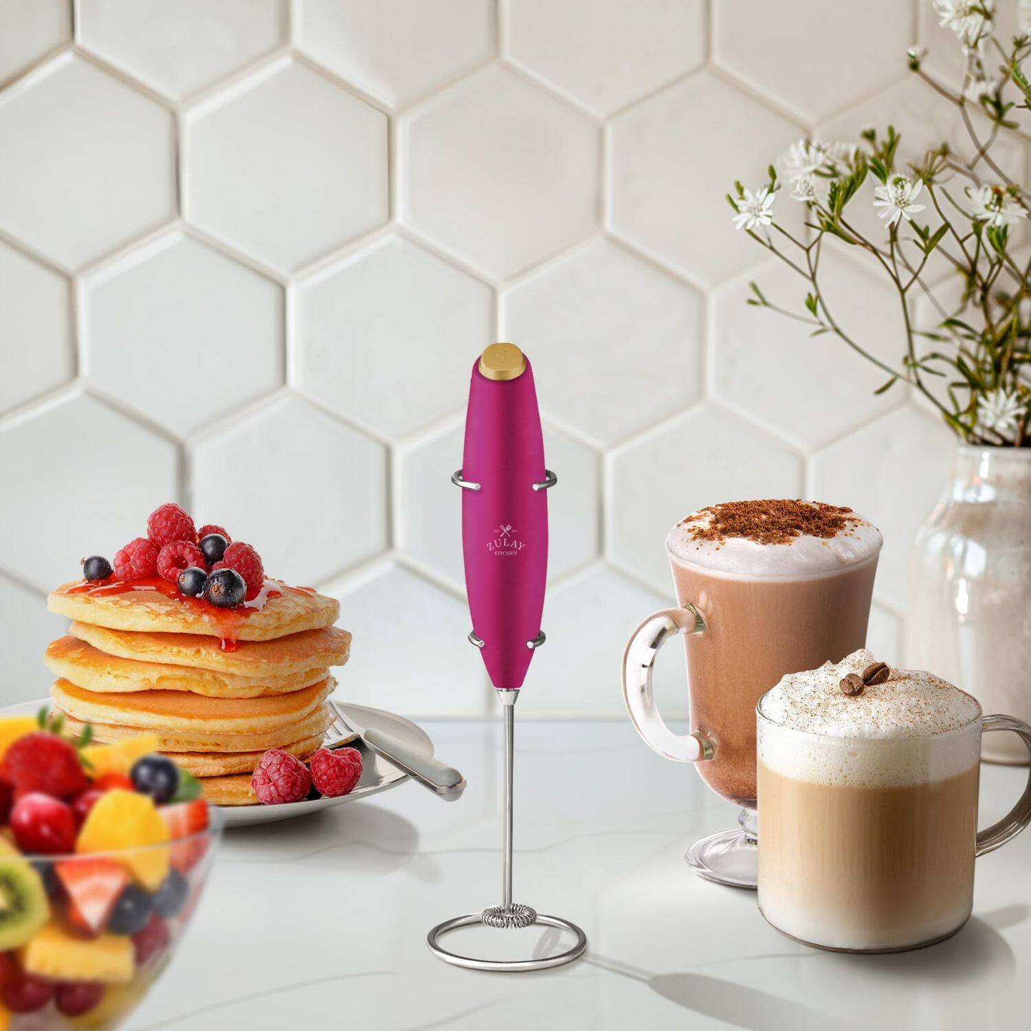 Back. Zulay Kitchen - Zulay Kitchen Powerful Milk Frother Handheld Foam Maker for Lattes by Milk Boss - Pink.