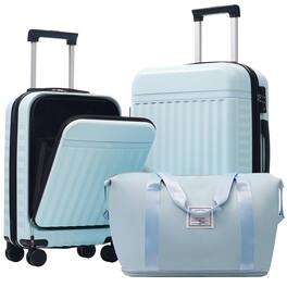 BreeBe - 3-Piece Front-Opening Hardshell Luggage Set, Carry-On Suitcases with USB Port, Expandable, Spinner Wheels, TSA Lock - Light Blue