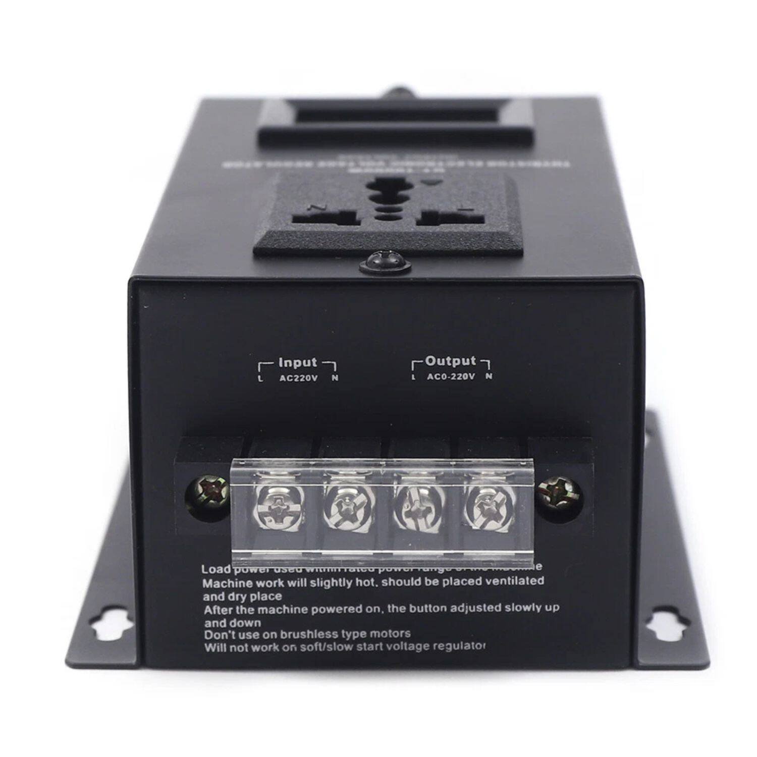 Input AC220V N  
Output AC0-220V N  

Load power used minimum  
Machine work will slightly hot. should be placed ventilated and dry place  
After the machine powered on, the button adjusted slowly up and down  
Don't use on brushless type motors  
Will not work on soft/slow start voltage regulator