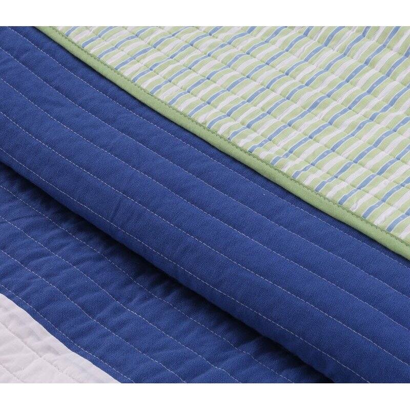 Back. Hivvago - Twin Size Navy Blue/Green/Teal/White Stripe 100-Percent Cotton Quilt Set - Navy Blue/Green/Teal/White.