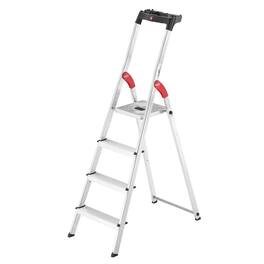 Hailo - Folding Step Stool, 4 Step Ladder w/ Tray for Home & Kitchen, L60, Silver - Metal, Red & Black